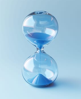 Hourglass showing time on a blue background. Selective focus.