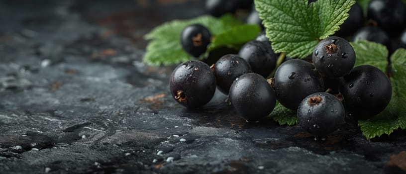 Close-up of blackcurrant with leaves, water droplets on dark background. Selective focus.