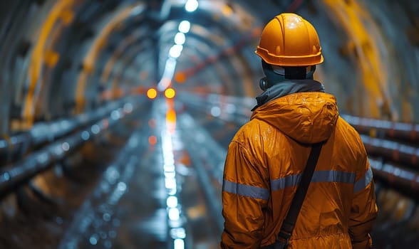 A worker in a hard hat walks through a tunnel. Selective soft focus.