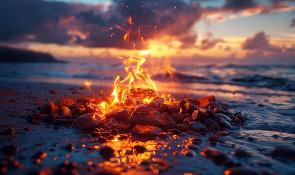 A fire on the shore against the backdrop of a colorful sunset. Selective focus