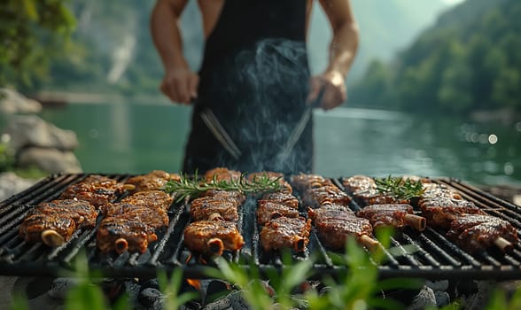 Man Grilling Meat by Lake. Selective soft focus.