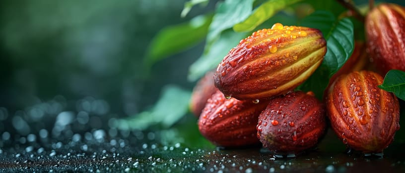 Abstract background with cocoa beans with leaves. Selective focus.