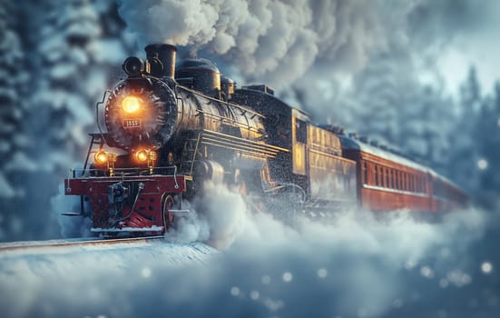 The locomotive rushes along snow-covered rails. Selective focus