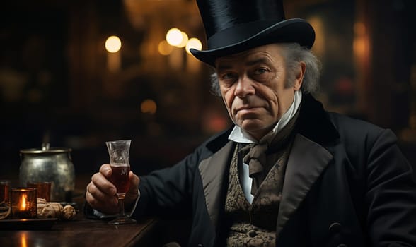 Man in hat sitting at table in dark room. Selective focus.