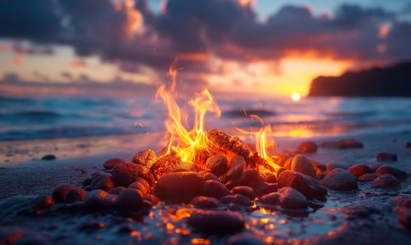 A fire on the shore against the backdrop of a colorful sunset. Selective focus