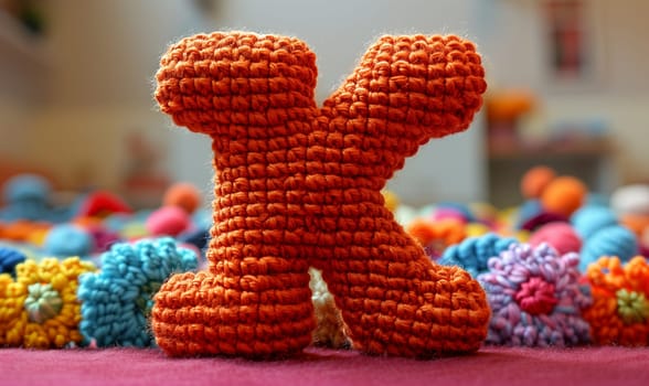 Knitted colored letter K on an abstract background. Selective focus.