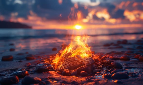 A fire on the shore against the backdrop of a colorful sunset. Selective focus