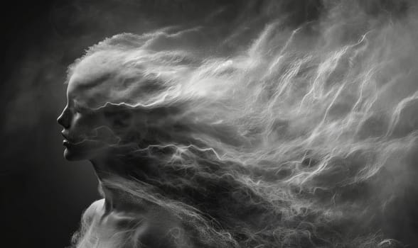 Abstract image of a woman with flowing hair, in monochrome image. Selective focus.