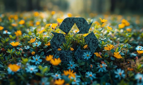 A blue recycle symbol surrounded by flowers. Selective focus.