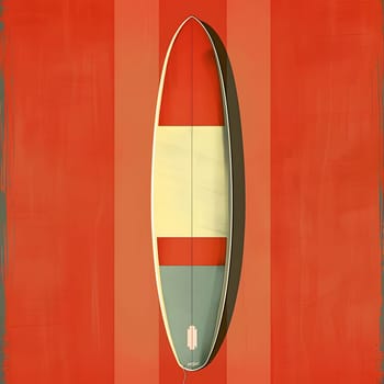 A red and yellow surfboard is placed against a backdrop of red stripes, creating a bold and vibrant display. The surfboard stands out with its symmetrical design and contrasting tints and shades