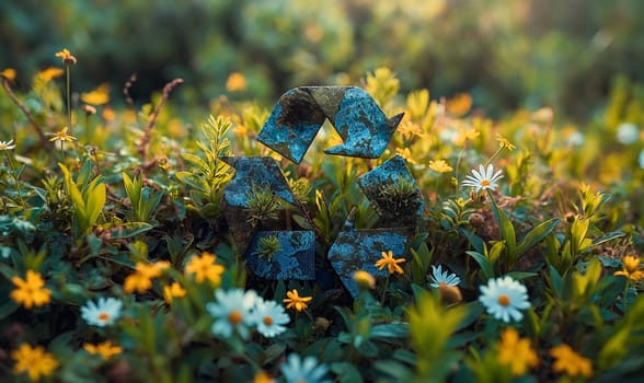 A blue recycle symbol surrounded by flowers. Selective focus.