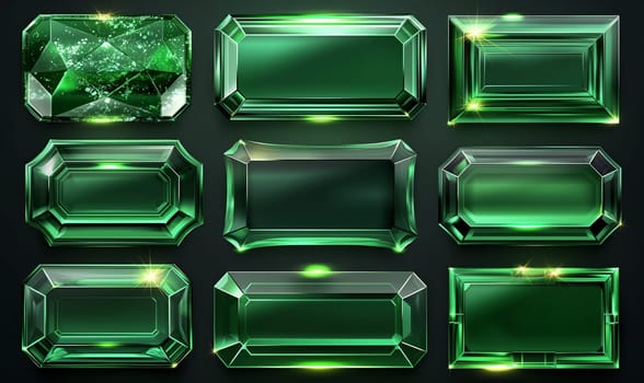 A collection of glass green frames on a green background. Selective focus.