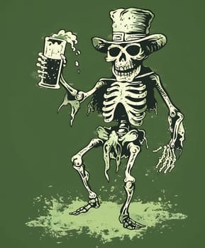 A skeleton, adorned with a top hat, holds a glass of beer. The skeletal figures rib cage and skull are visible, showcasing human anatomy in an artistic gesture