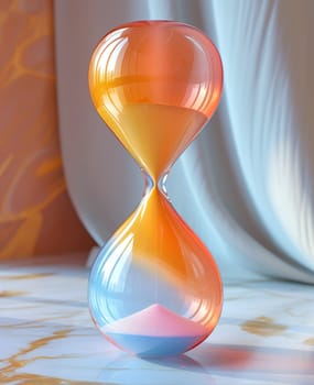 Hourglass showing time on colorful abstract background. Selective focus.