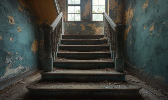 A ruined staircase in an abandoned building. Selective focus.