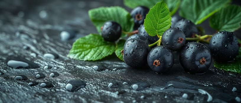 Close-up of blackcurrant with leaves, water droplets on dark background. Selective focus.