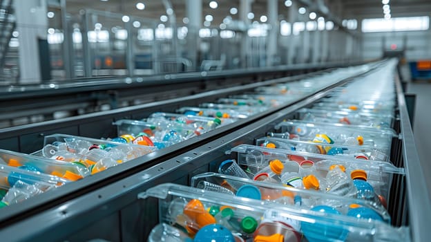 A conveyor belt in a factory filled with plastic bottles is moving through the building towards the retail section, where they will be packaged for sale