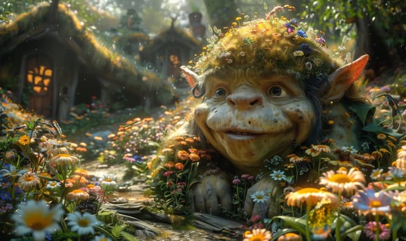 3D cartoon, troll in flowers in a fairytale village. Selective focus