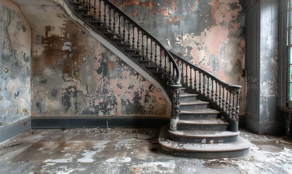 A ruined staircase in an abandoned building. Selective focus.