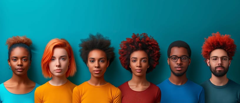 Group of young people standing in front of blue wall. Selective focus.