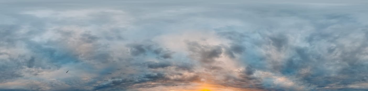 Dramatic overcast sky panorama with dark gloomy Cumulonimbus clouds. HDR 360 seamless spherical panorama. Sky dome in 3D, sky replacement for aerial drone panoramas. Weather and climate change