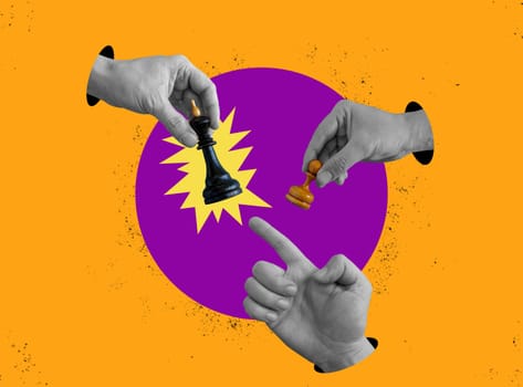 Employee competency assessment. Collage of hands holding king and a pawn. Succession planning.