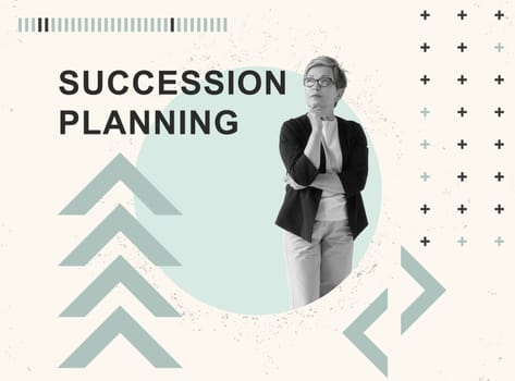 Succession planning concept. Collage with thoughtful businesswoman.