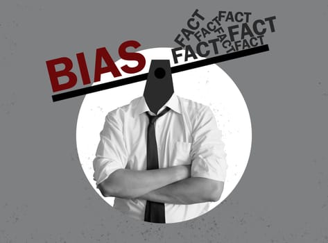 Bias and facts concept. An unrecognizable man with scales instead of head.