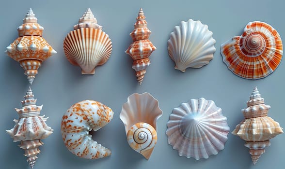 Shells on blue background. Selective soft focus.