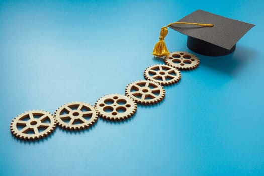 Gears and small graduation cap. Education and upskilling concept.