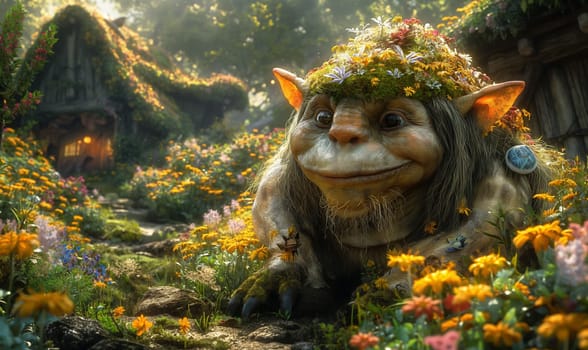 3D cartoon, troll in flowers in a fairytale village. Selective focus