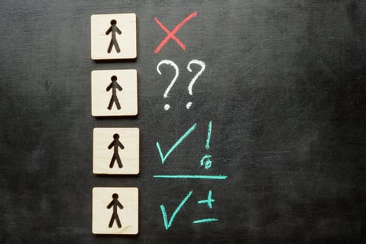 Figures representing employees or candidates with marks for evaluation.