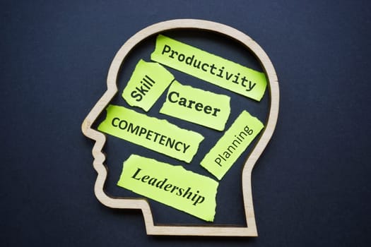 Outline of head with words productivity, career, competency and skills.
