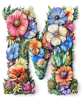 The letter M of colorful flowers on a white background. Selective focus.