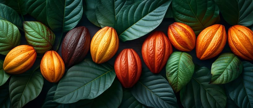 Abstract background with cocoa beans with leaves. Selective focus.