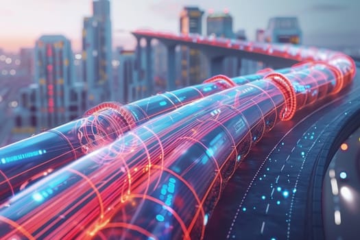 Futuristic cityscape with illuminated, transparent high-speed train tubes at dusk.