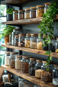A wooden shelving unit in a retail or home setting, displaying various food storage containers filled with different types of whole foods