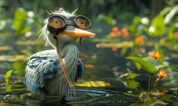 3D cartoon, a heron wearing big glasses walks through a swamp. Selective focus