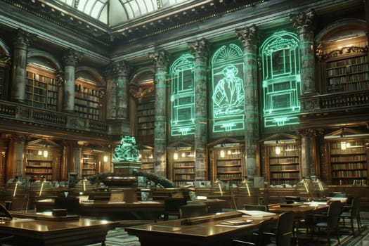 Futuristic library with holographic projections and classical architecture.