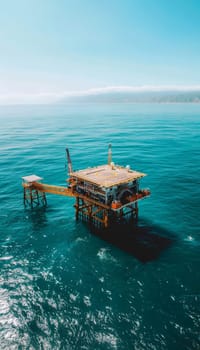 Aerial view of an isolated offshore oil rig in a calm blue sea, under clear skies.