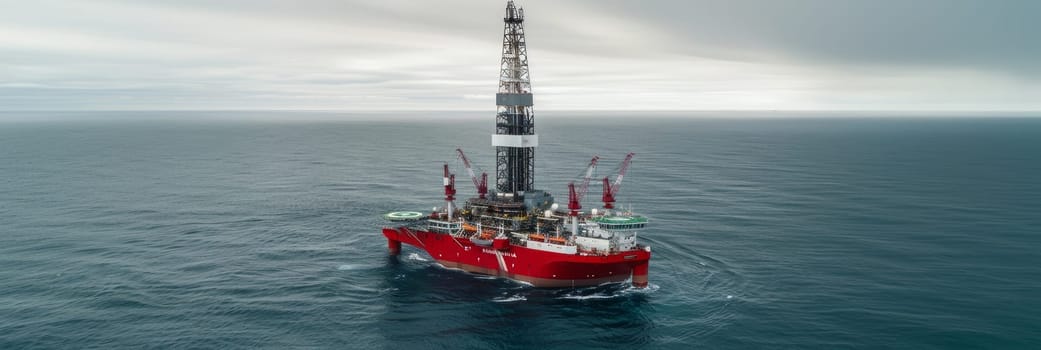 Aerial view of a red offshore drilling rig in the vast open sea under cloudy skies.