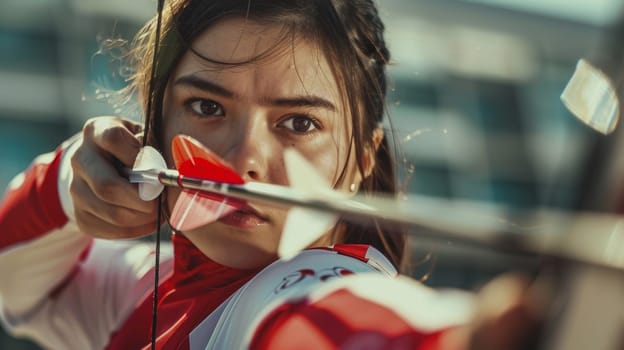 A focused woman confidently holds a bow and arrow, taking aim at a target with determination. Her red shirt stands out against the dark background, highlighting her intense expression.