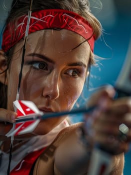 A focused woman engages in the sport of archery, confidently holding a bow and arrow with a red headband accentuating her determined expression.