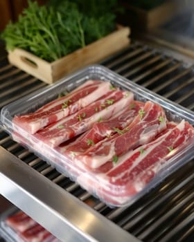 Fresh raw bacon strips in a plastic package on a supermarket shelf with herbs.