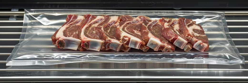 Vacuum-sealed raw lamb ribs on a metal tray, ready for sous-vide cooking or storage.