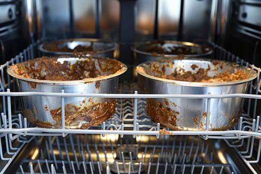 Two used round cake pans with leftover batter inside a dishwasher.