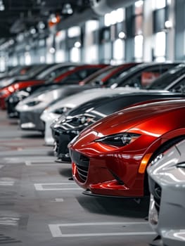 Row of new cars parked in a modern showroom with focus on a red car.