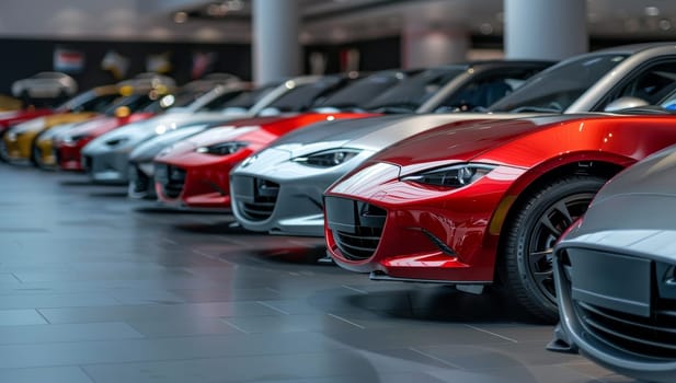 Row of luxury cars in a showroom, vibrant colors, modern design, selective focus.