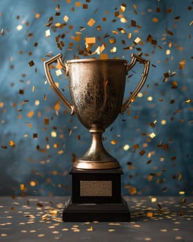 Vintage trophy cup with confetti on a blue bokeh background.