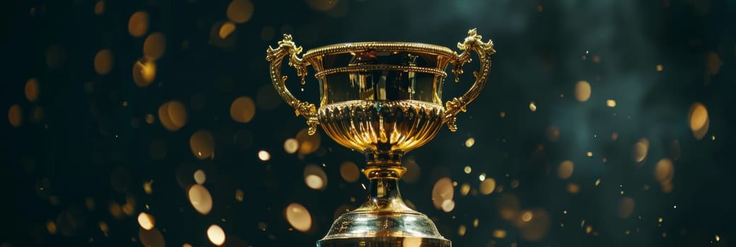 Golden trophy cup with sparkling confetti on a dark background.